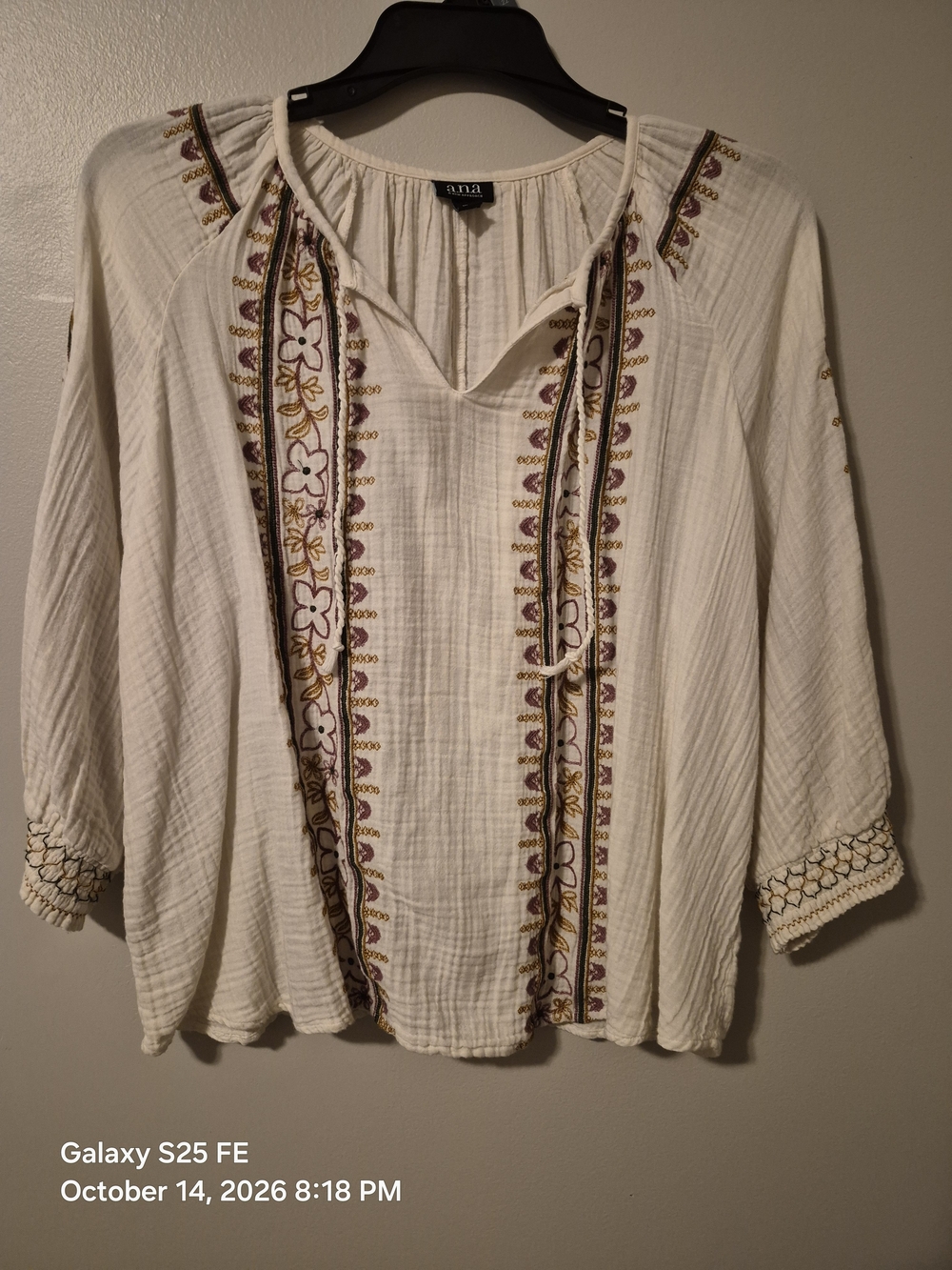 Women's XL a.n.a Cream Boho Embroidered Peasant Gauze Blouse